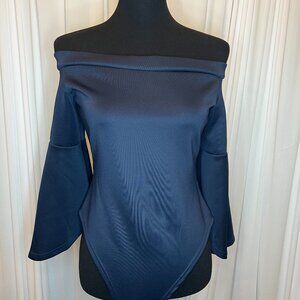 Navy Blue Flare Sleeve Off the Shoulder Bodysuit